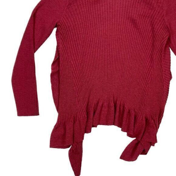 Eileen Fisher Wool Cardigan Sweater Womens Medium Burgundy Open Front Ruffle Hem - Picture 7 of 16